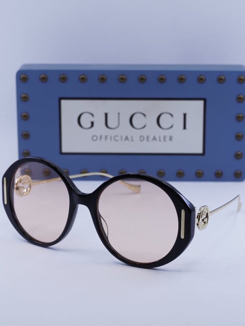 Gucci GG1202S 002 Round Sunglasses -Black/Gold / Gold Pink